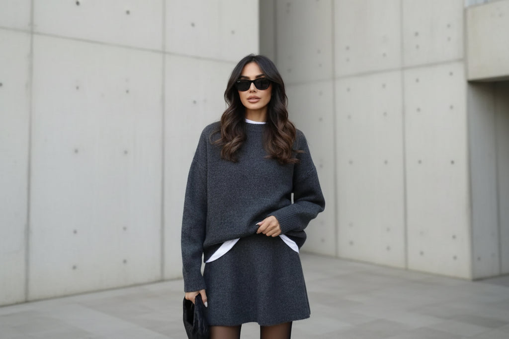 סט שני חלקים סרוג חולצת אובר סייז וחצאית מיני - יעלה