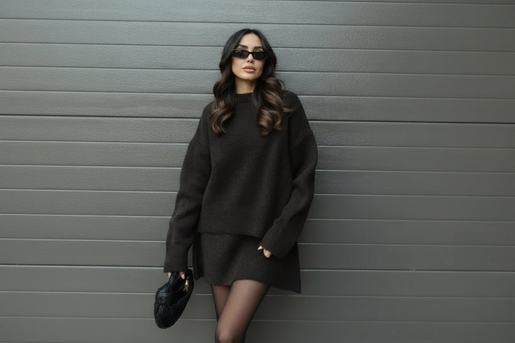 סט שני חלקים סרוג חולצת אובר סייז וחצאית מיני - יעלה