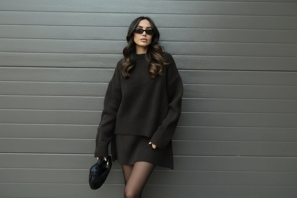 סט שני חלקים סרוג חולצת אובר סייז וחצאית מיני - יעלה