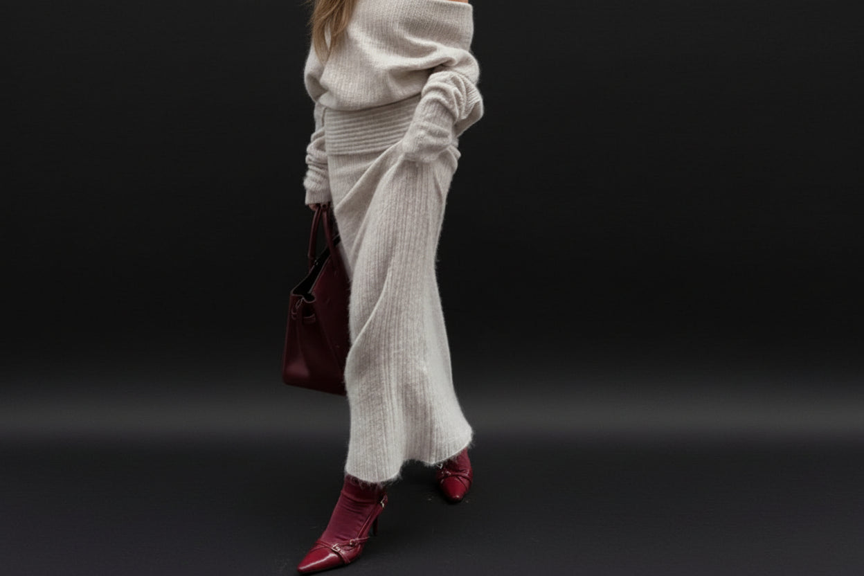 סט סריג שני חלקים חולצת כתפיים חשופות וחצאית מקסי - אילונה