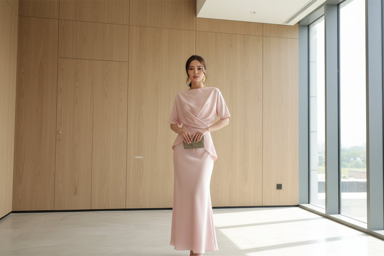 סט סאטן שני חלקים חולצת קשירה בעיצוב קרוס וחצאית מקסי - ליבי