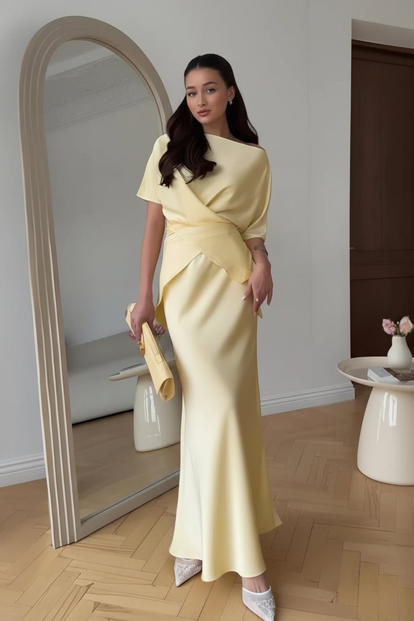 סט סאטן שני חלקים חולצת קשירה בעיצוב קרוס וחצאית מקסי - ליבי