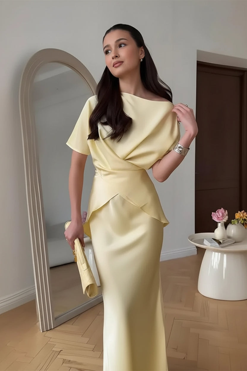 סט סאטן שני חלקים חולצת קשירה בעיצוב קרוס וחצאית מקסי - ליבי