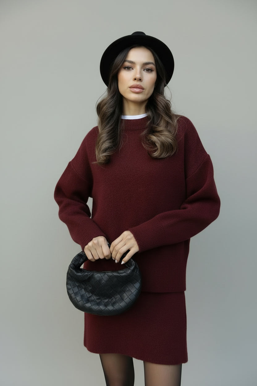 סט שני חלקים סרוג חולצת אובר סייז וחצאית מיני - יעלה