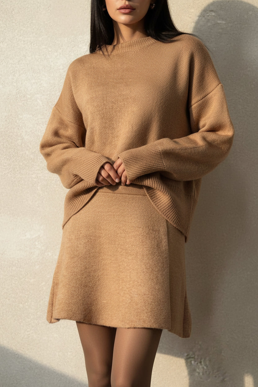 סט שני חלקים סרוג חולצת אובר סייז וחצאית מיני - יעלה