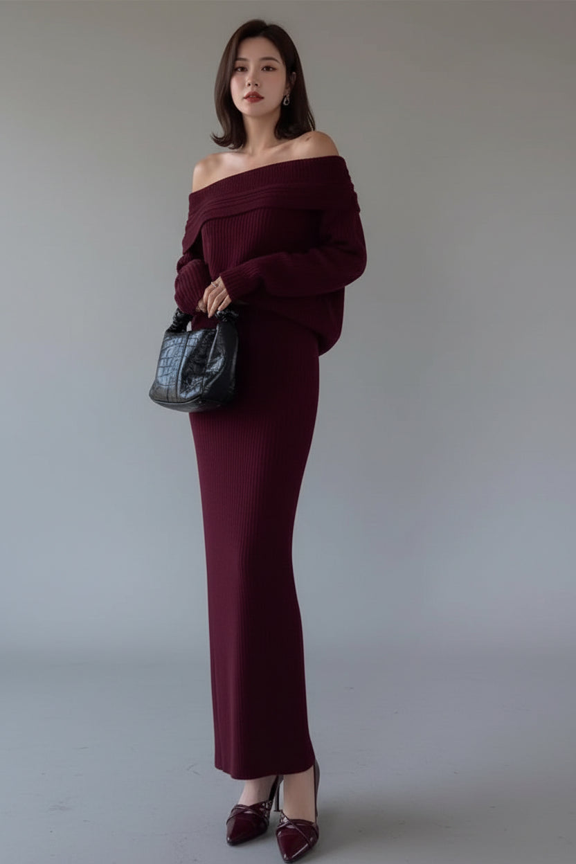 סט סריג שני חלקים חולצת כתפיים חשופות וחצאית מקסי - אילונה