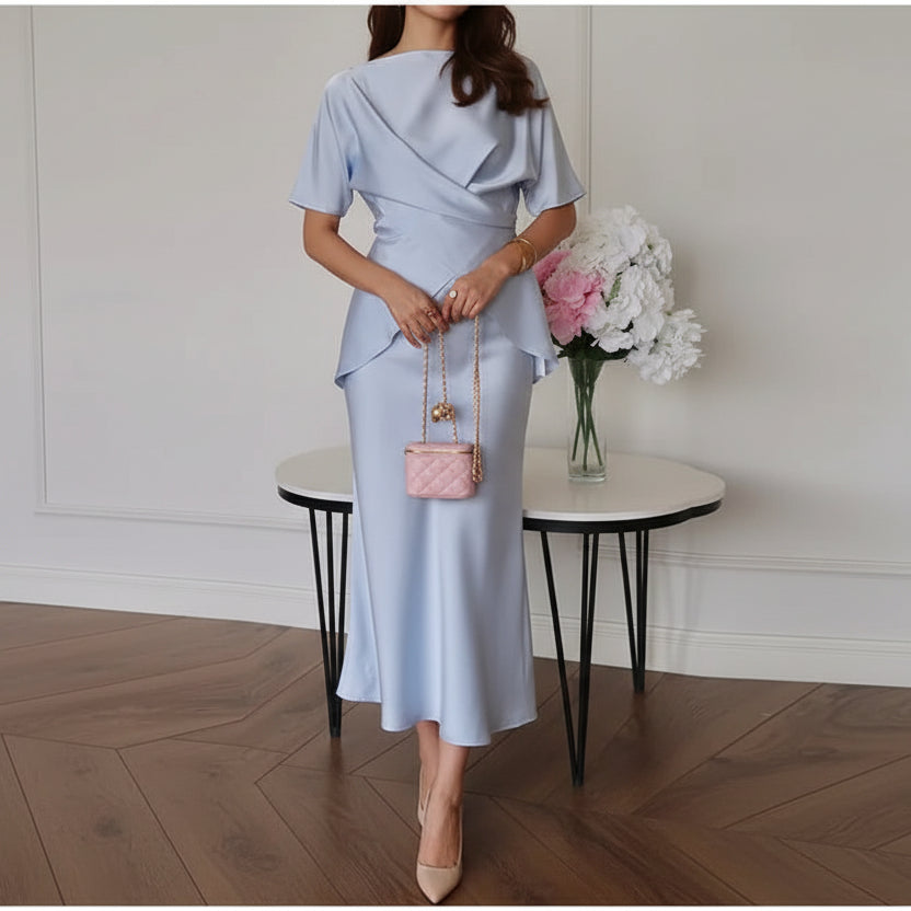 סט סאטן שני חלקים חולצת קשירה בעיצוב קרוס וחצאית מקסי - ליבי