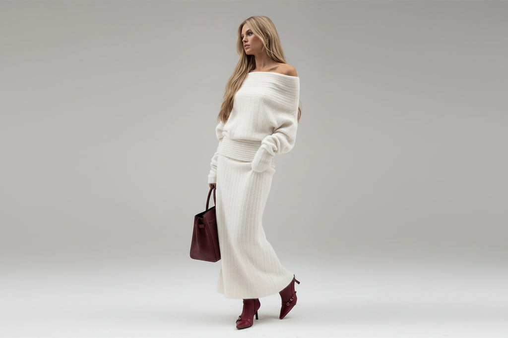 סט סריג שני חלקים חולצת כתפיים חשופות וחצאית מקסי - אילונה