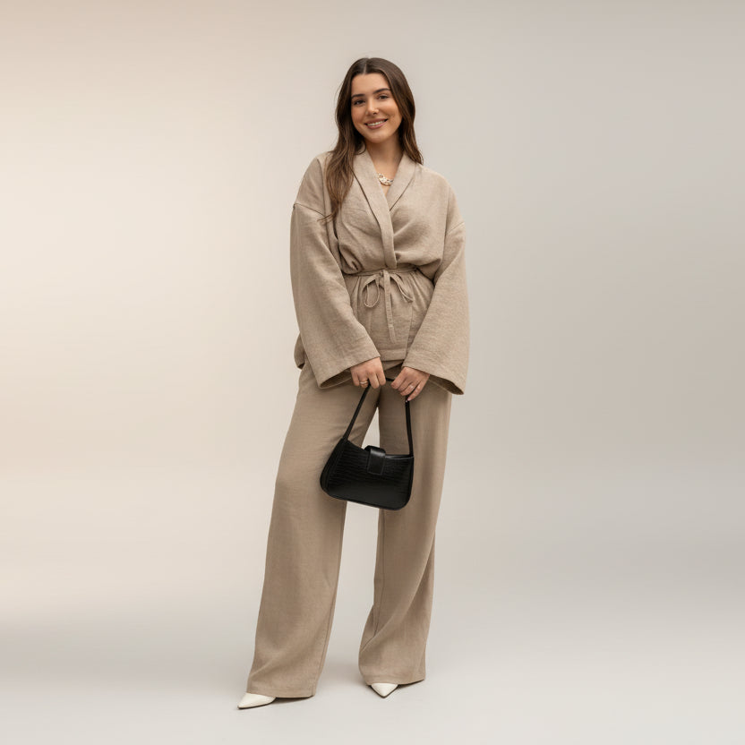 חליפת פשתן שני חלקים חולצת קשירה ומכנסיים ארוכים - אווה