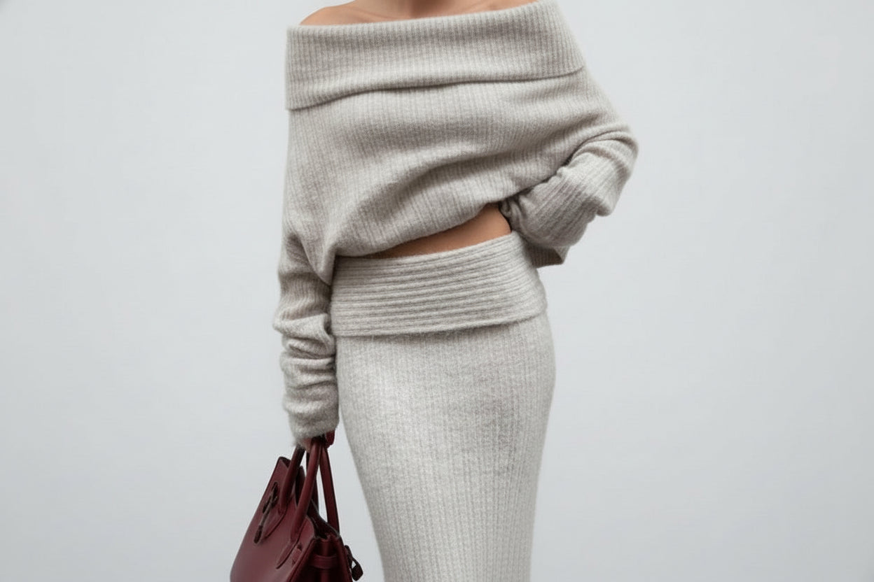 סט סריג שני חלקים חולצת כתפיים חשופות וחצאית מקסי - אילונה