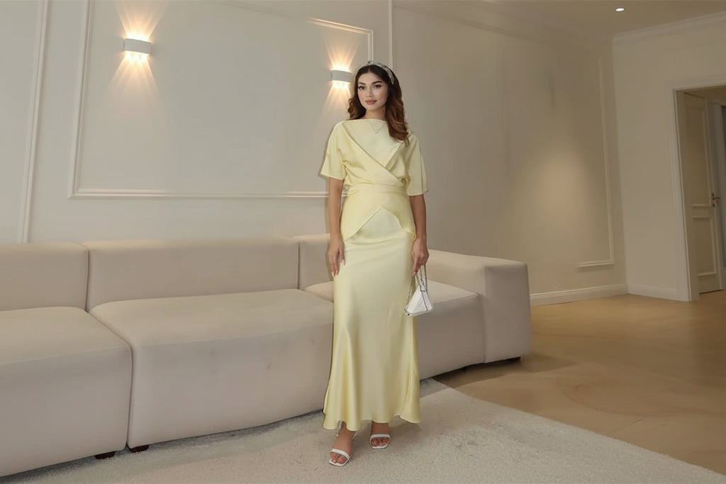 סט סאטן שני חלקים חולצת קשירה בעיצוב קרוס וחצאית מקסי - ליבי