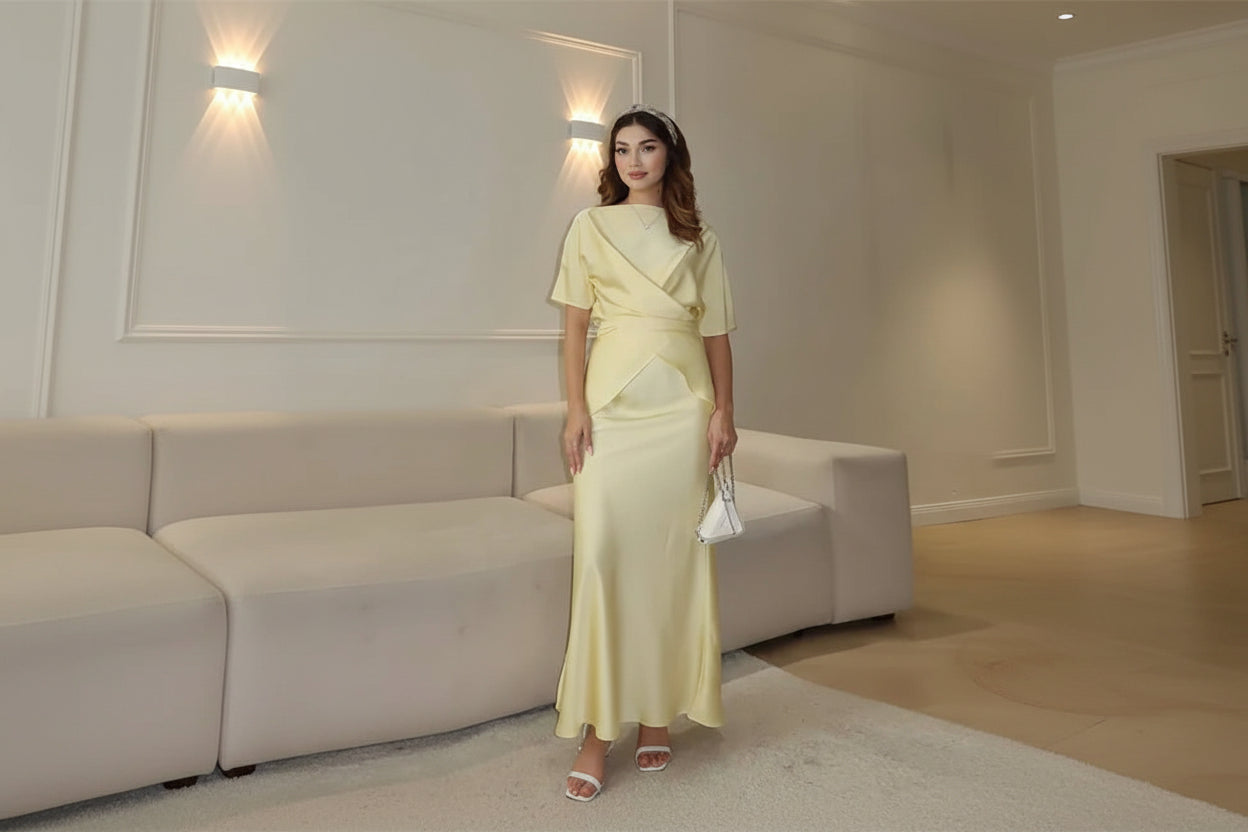 סט סאטן שני חלקים חולצת קשירה בעיצוב קרוס וחצאית מקסי - ליבי