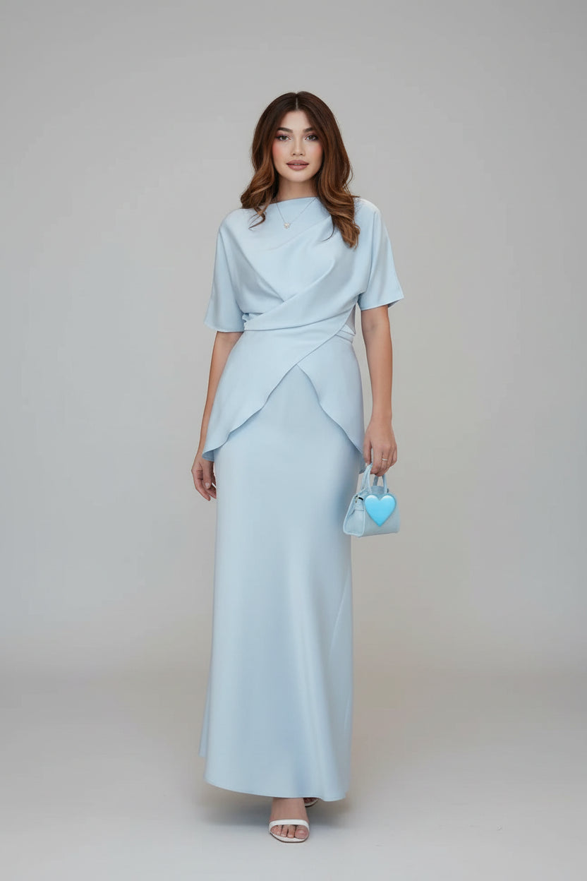 סט סאטן שני חלקים חולצת קשירה בעיצוב קרוס וחצאית מקסי - ליבי