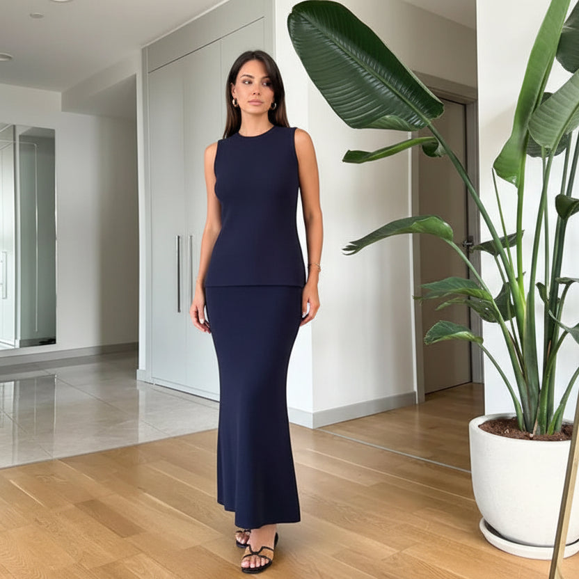 חליפת שני חלקים סרוגה וסט סגירת כפתורים וחצאית מקסי - ג'יילה