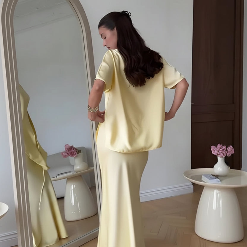 סט סאטן שני חלקים חולצת קשירה בעיצוב קרוס וחצאית מקסי - ליבי