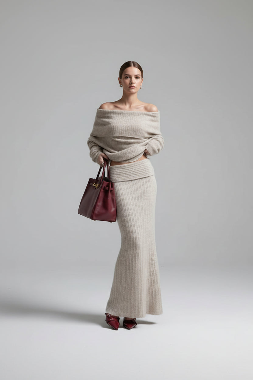 סט סריג שני חלקים חולצת כתפיים חשופות וחצאית מקסי - אילונה