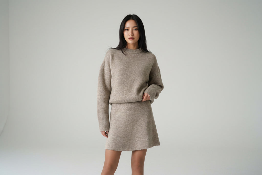 סט שני חלקים סרוג חולצת אובר סייז וחצאית מיני - יעלה