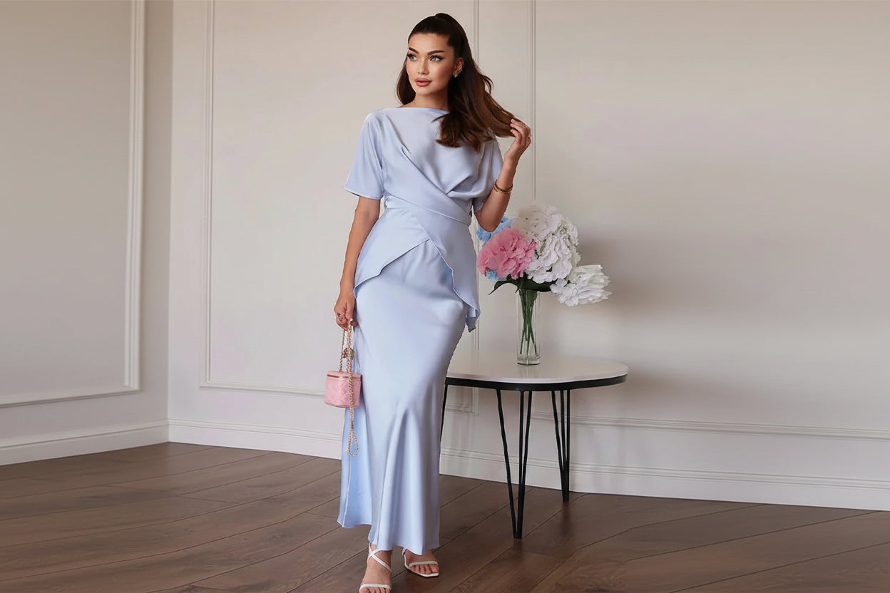 סט סאטן שני חלקים חולצת קשירה בעיצוב קרוס וחצאית מקסי - ליבי