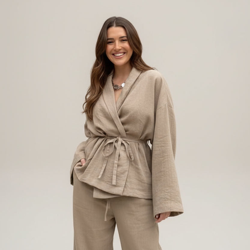 חליפת פשתן שני חלקים חולצת קשירה ומכנסיים ארוכים - אווה