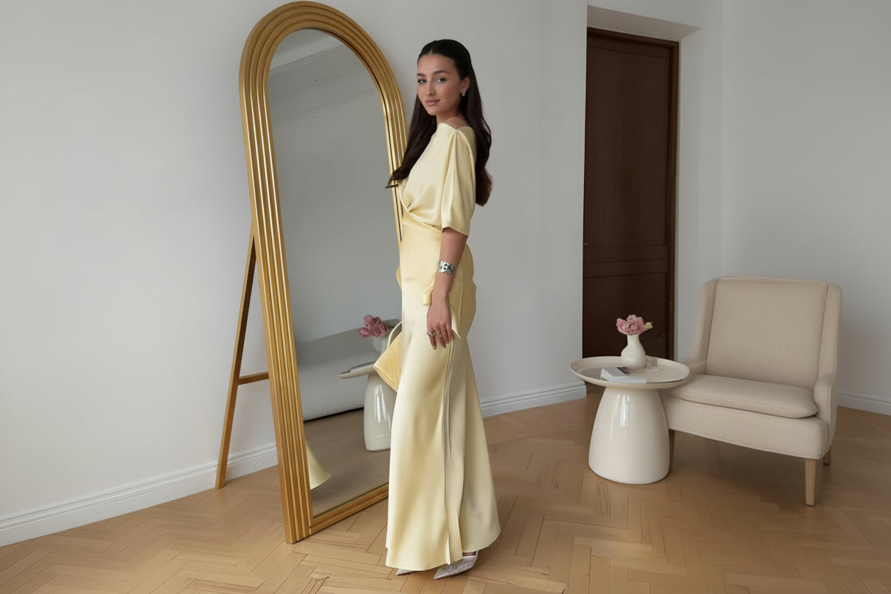 סט סאטן שני חלקים חולצת קשירה בעיצוב קרוס וחצאית מקסי - ליבי