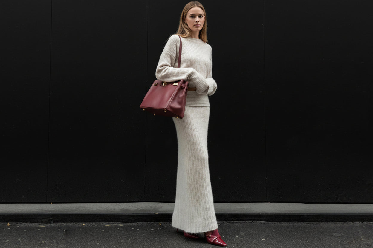 סט סריג שני חלקים חולצת כתפיים חשופות וחצאית מקסי - אילונה