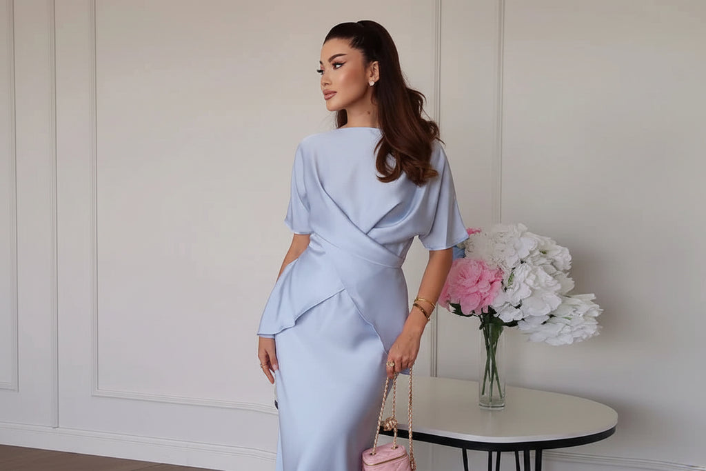 סט סאטן שני חלקים חולצת קשירה בעיצוב קרוס וחצאית מקסי - ליבי