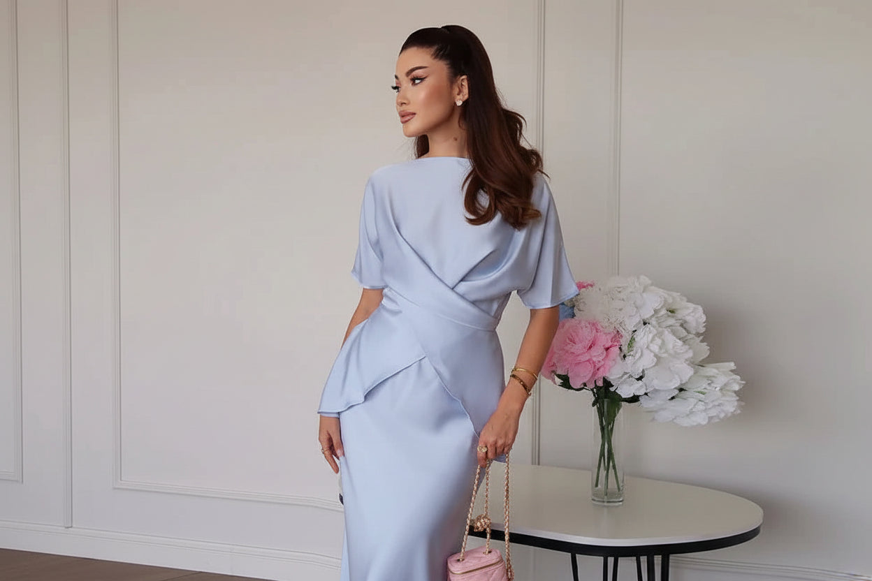 סט סאטן שני חלקים חולצת קשירה בעיצוב קרוס וחצאית מקסי - ליבי