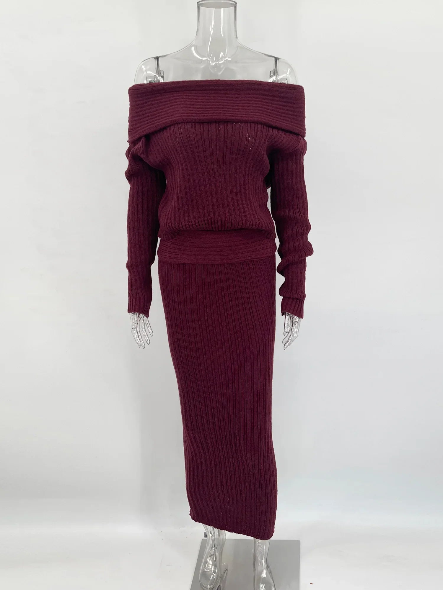 סט סריג שני חלקים חולצת כתפיים חשופות וחצאית מקסי - אילונה