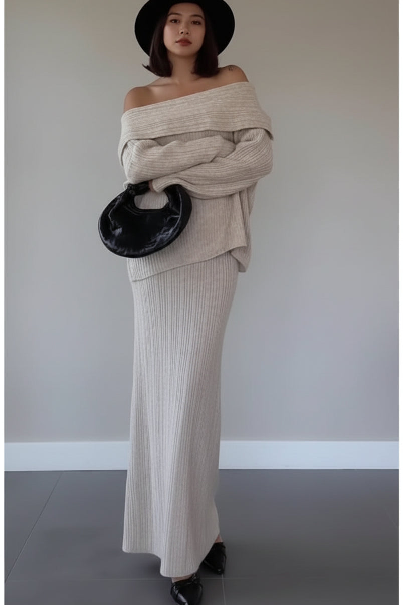 סט סריג שני חלקים חולצת כתפיים חשופות וחצאית מקסי - אילונה