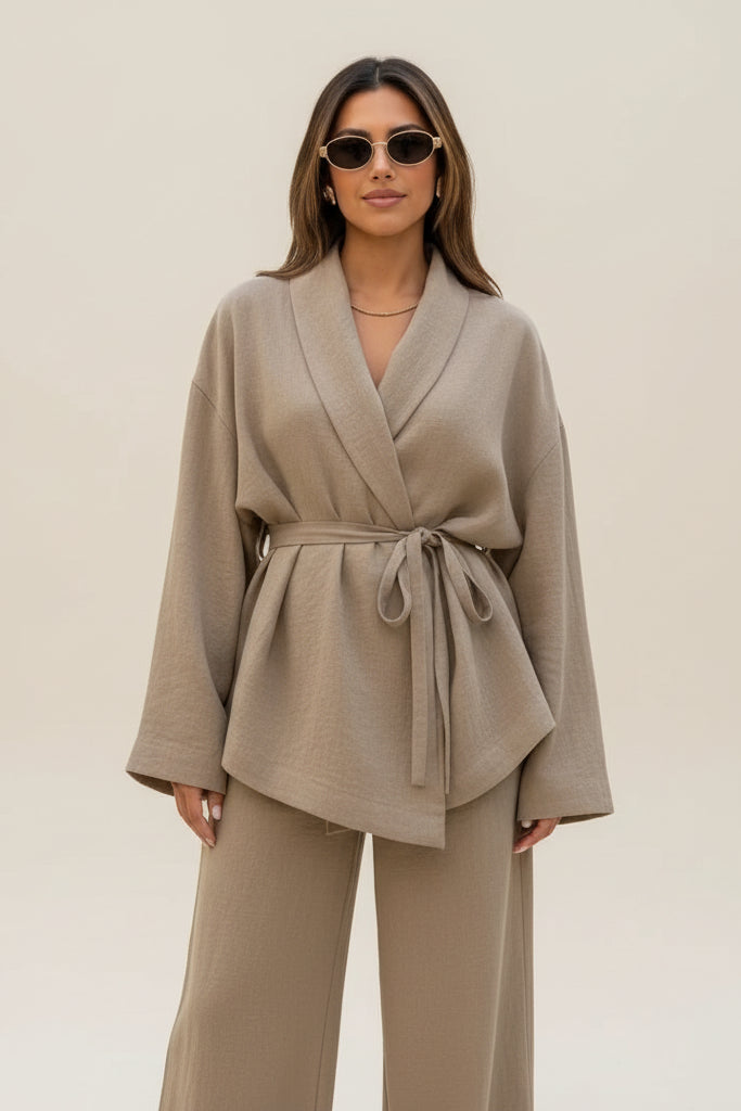 חליפת פשתן שני חלקים חולצת קשירה ומכנסיים ארוכים - אווה