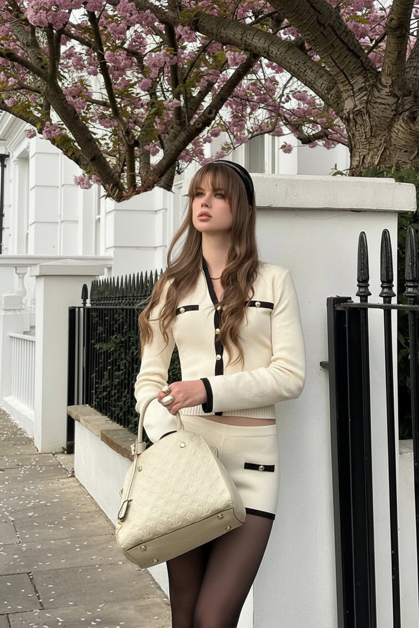 חליפת שני חלקים סרוגה בעיצוב קלאסי מחויט סריג ומכנסיים קצרים - אלנה